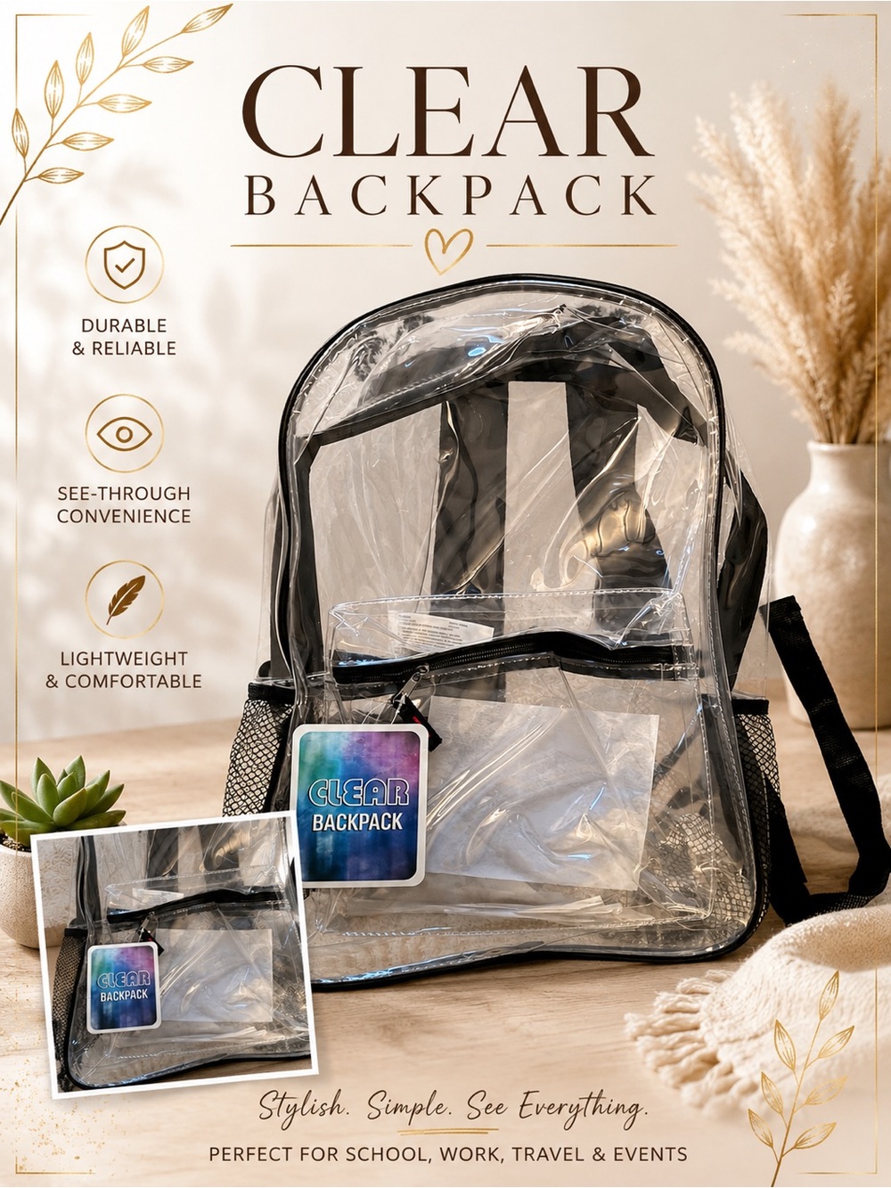 Clear Backpack with Black Trim - Transparent Carry Bag